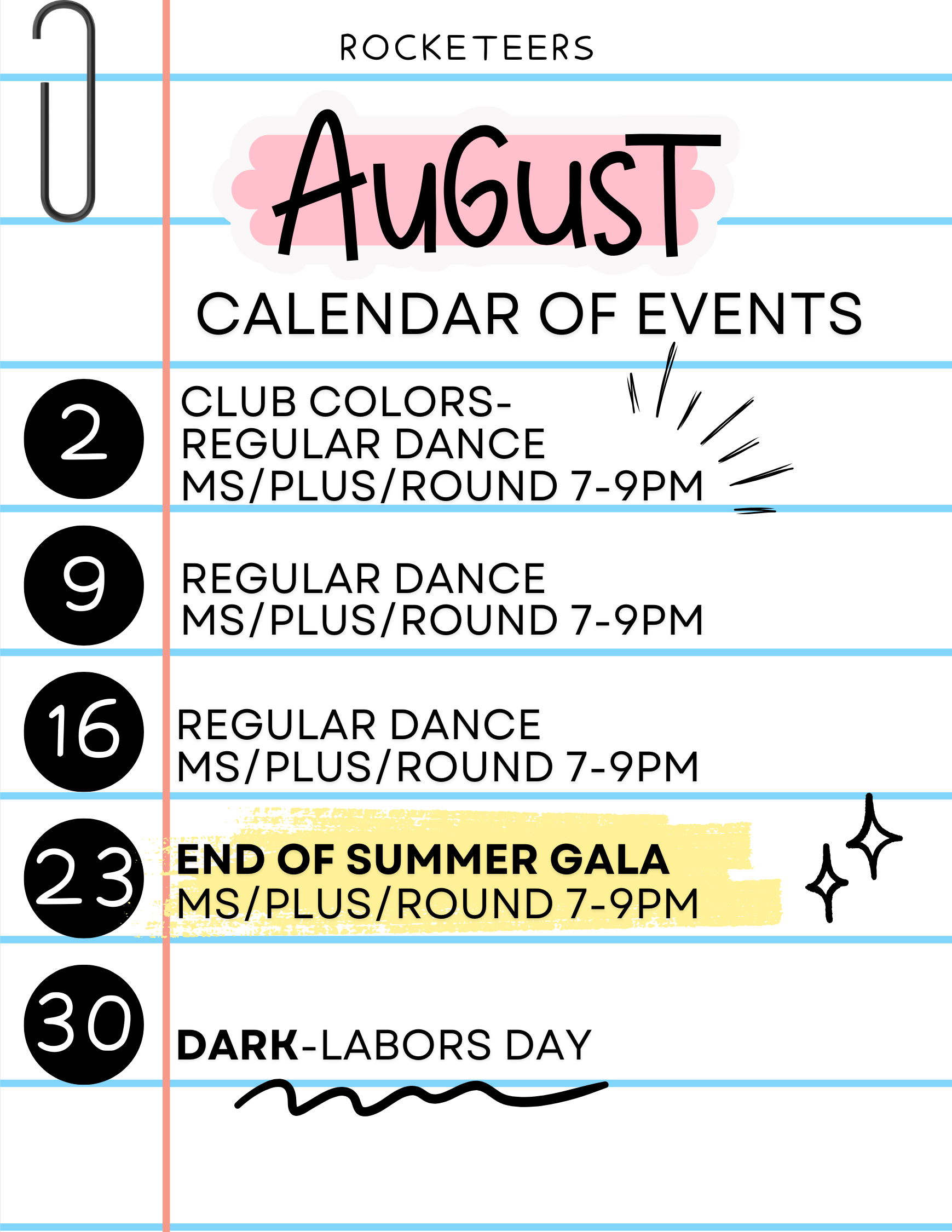 Rocketeers - August Schedule